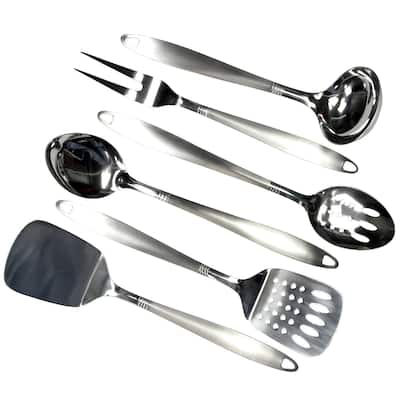 Chef Craft 6pc Stainless Steel Kitchen Cooking Tool Set - Solid Turner, Slotted Turner, Basting Spoon, Slotted Spoon,...