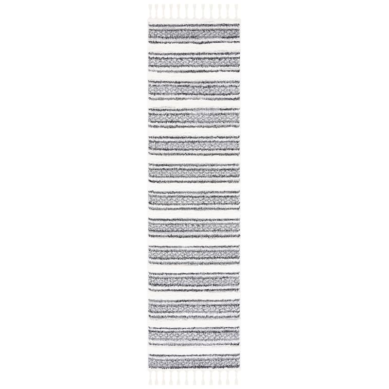 SAFAVIEH Moroccan Tassel Shag Ilene 2-inch Thick Rug - 2'3" x 8' Runner - Grey/Ivory