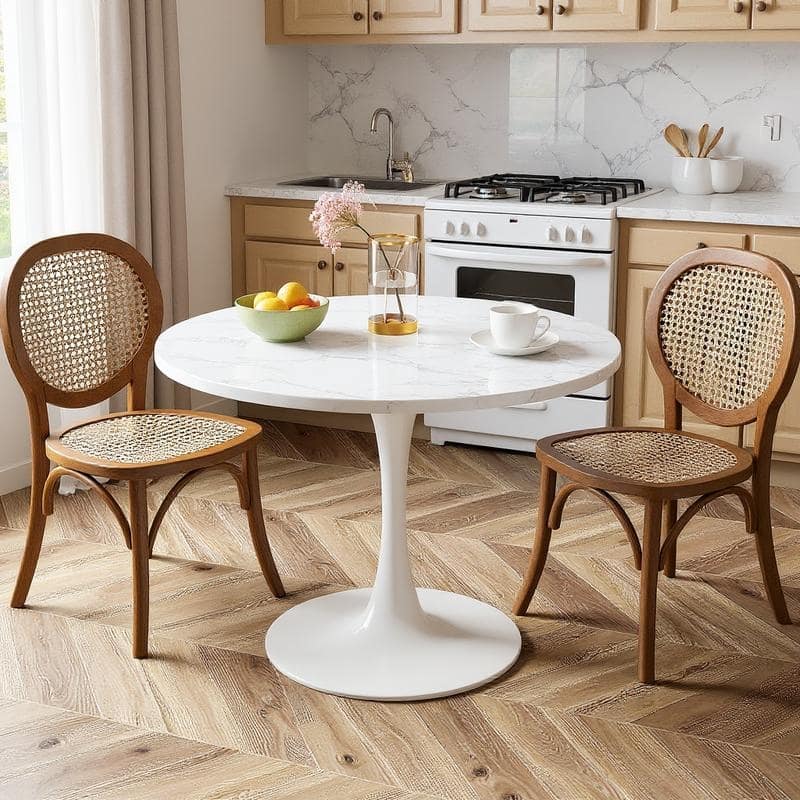 Grondin Mid-Century Modern Round Kitchen or Dining Table with Premium MDF Top and Steel Pedestal Base for Dining Room