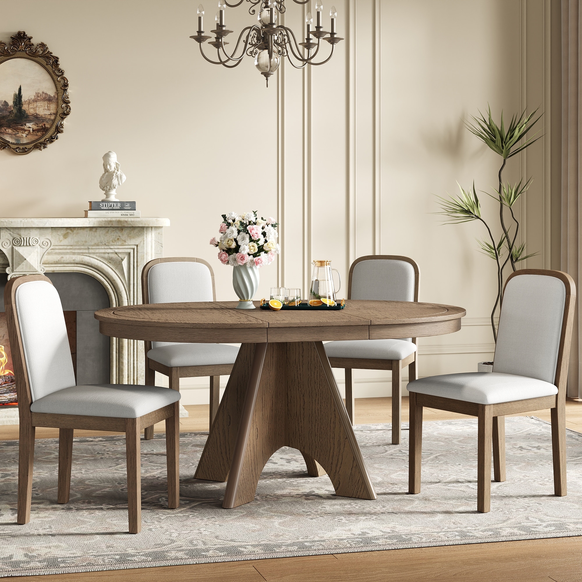 Vintage Extendable Dining Table Set For Four To Six With Four Upholstered Chairs Rustic Farmhouse Set Distressed Finish