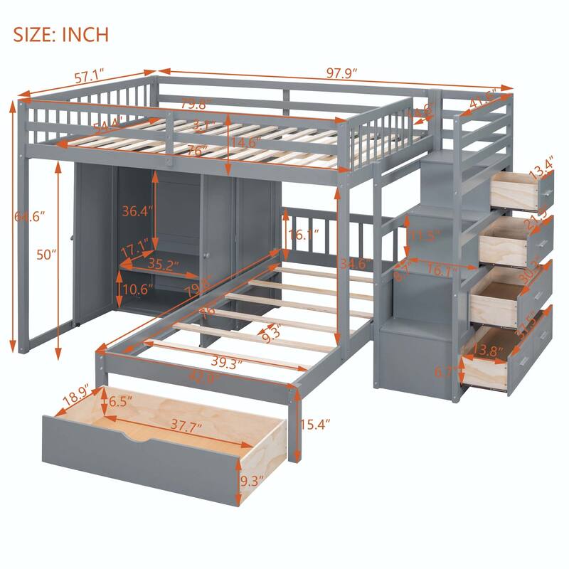 Full Over Twin Bunk Bed with Wardrobe and Drawers