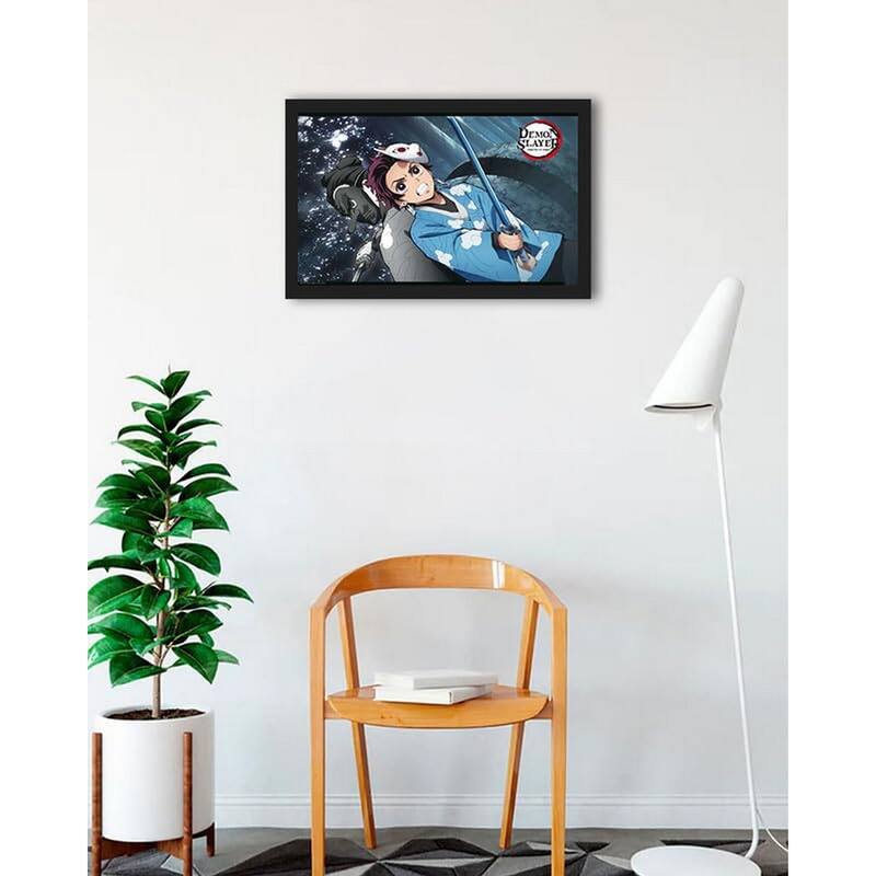 Demon Slayer Tanjiro and Urukodaki Blue Sword Framed Poster - 24 x 36 Inch