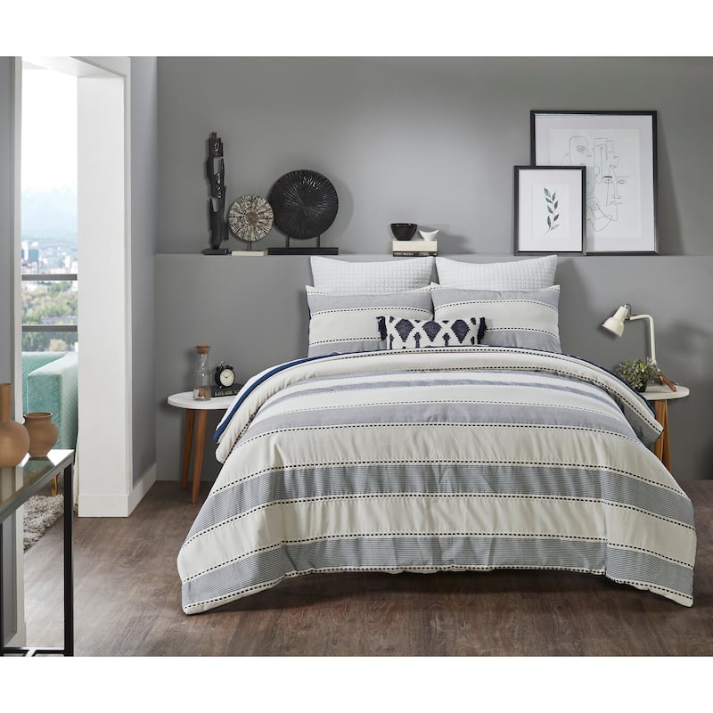Better Trends Janson Collection Poly/Cotton Comforter Set with Sham - Absorbent, Moisture-Wicking, Machine Washable, Tumble Dry - Ivory & Navy - Queen