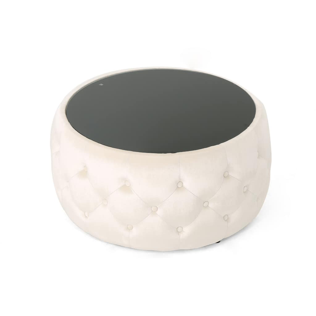 Ottoman Coffee Table, Beige Tufted Velvet, 30 Inch Round Glass Top