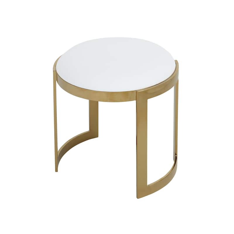 Niyo 19 Inch Accent Stool Ottoman, Round Cushioned White Faux Leather, Gold