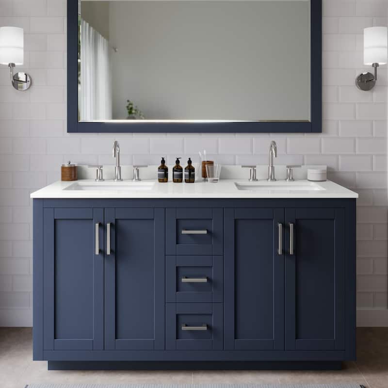Wyndham Collection WCF292960D-QTZ-US3M58 Miranda 60" Free Standing - Dark Blue / White Quartz Top / Brushed Nickel