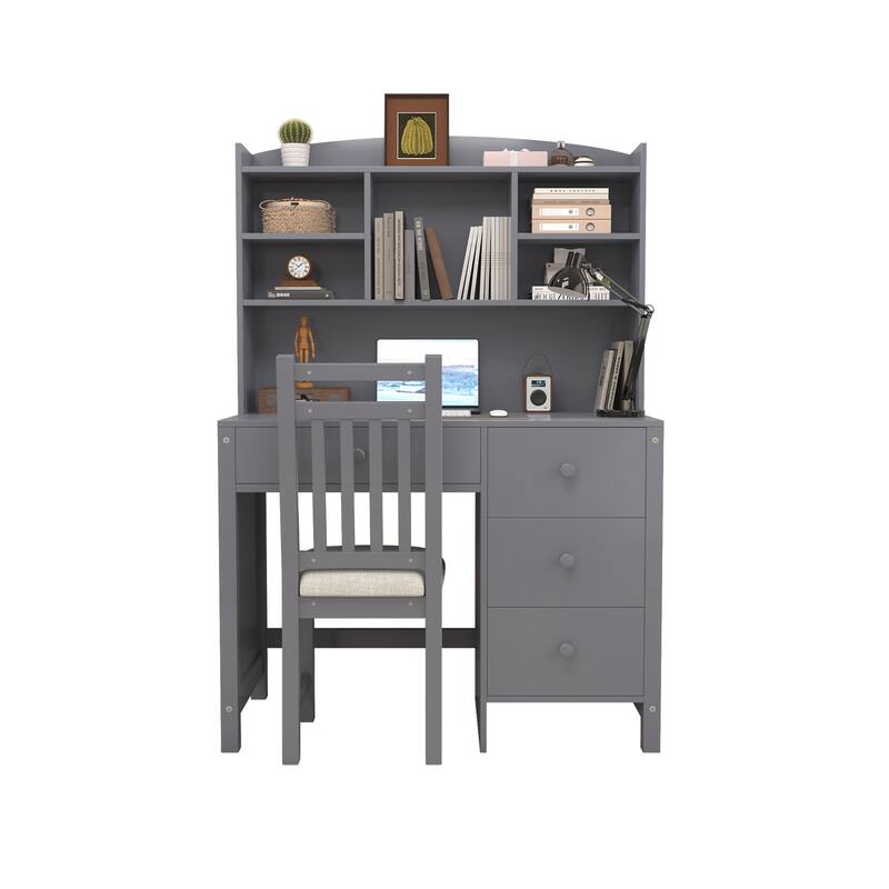 40'' Home Executive Desk and Upholstered Chair Set with Bookshelf, Computer Desk with Four Drawers