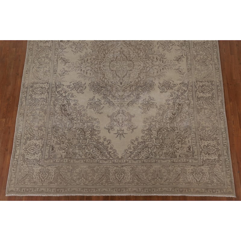 Distressed Tabriz Persian Vintage Beige Rug Hand-knotted Wool Carpet - 8'4" x 10'10"