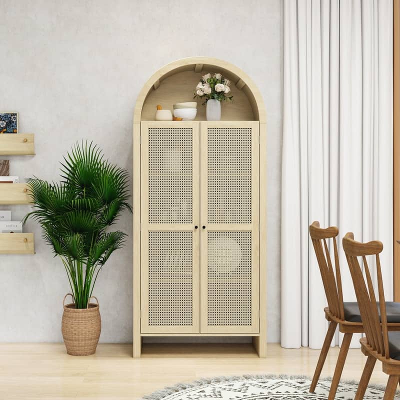 Tall Wooden Rattan Arched Kitchen Pantry Cabinet, with Doors and Adjustable Shelves,Freestanding Cupboard - Natural 2 Doors