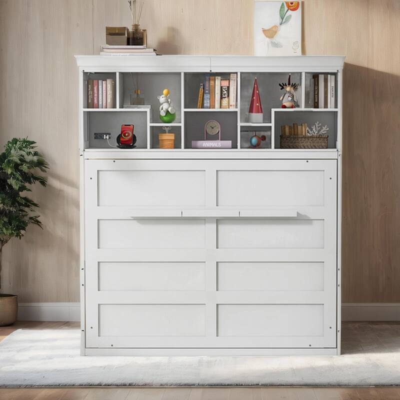 Queen Size Wood Murphy Bed with Top Shelves and USB Port - White