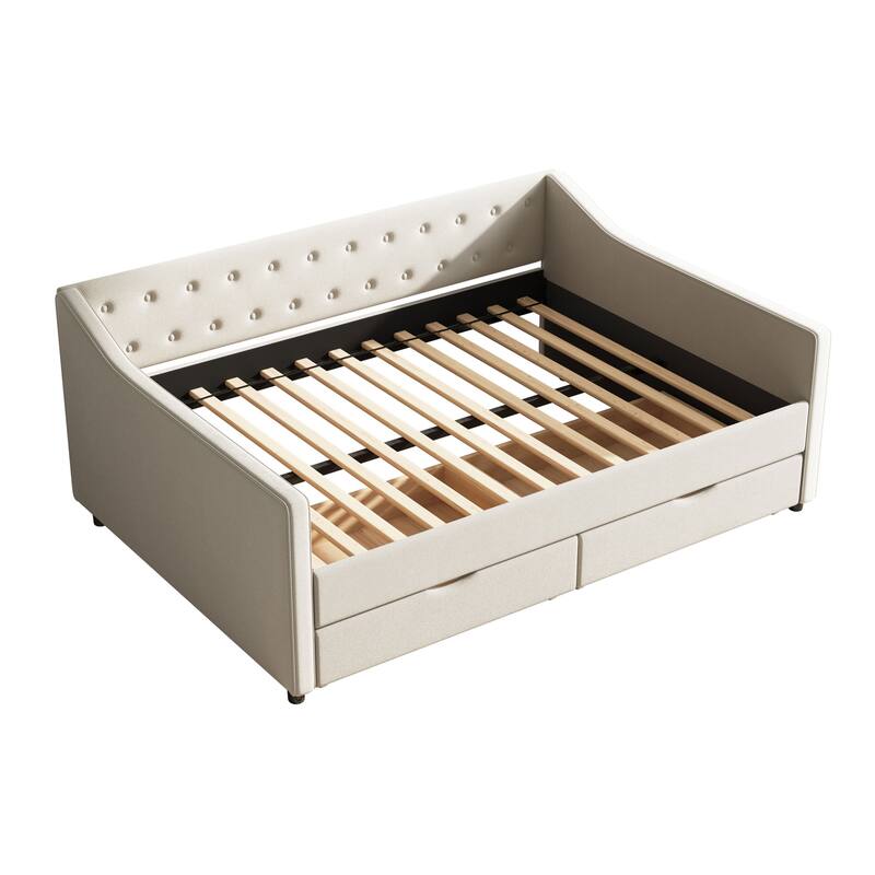 Linen Upholstered Daybed with 2 Drawers, Wooden Platform Sofa Bed Frame with Button Tufted Backrest, No Box Spring Needed