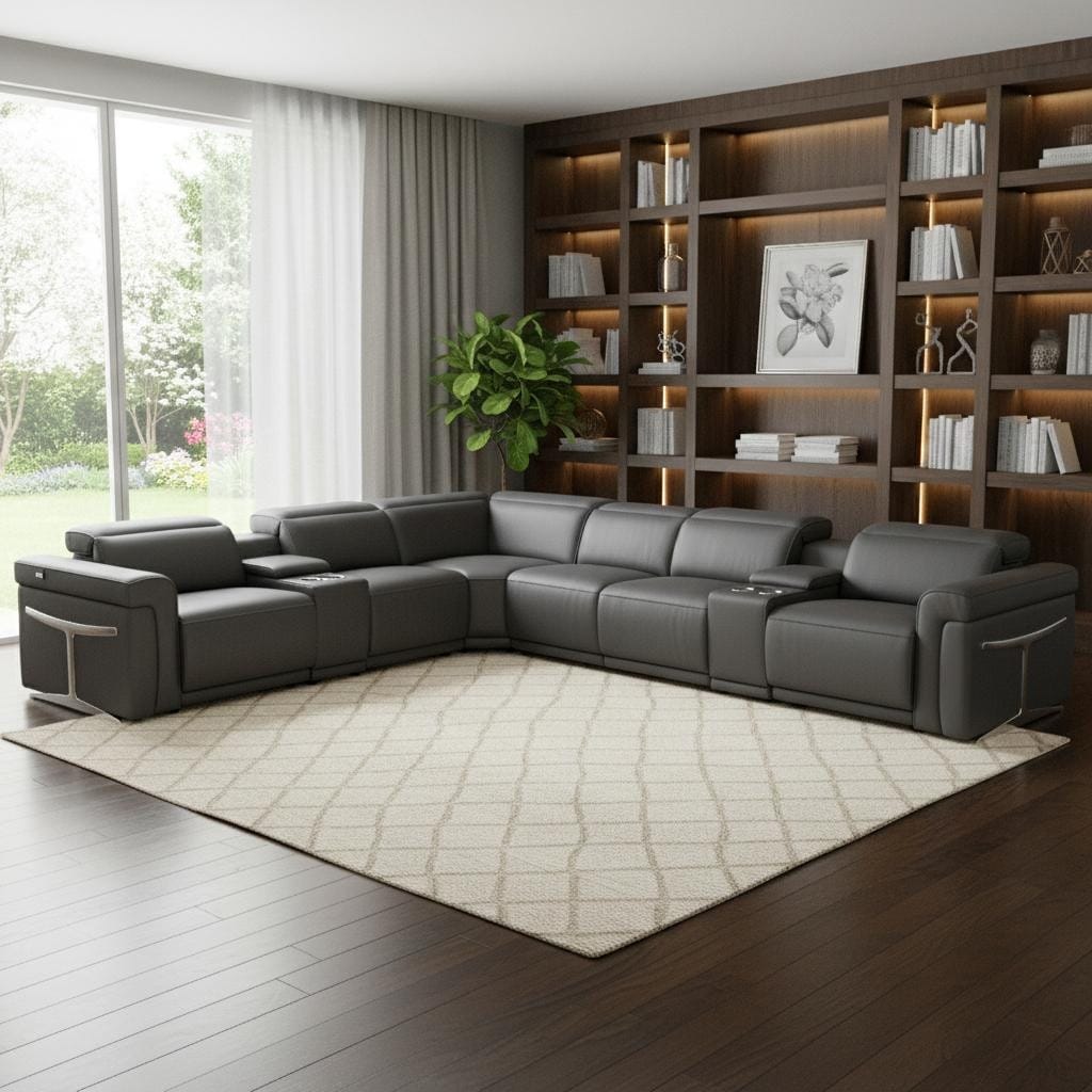 HomeRoots Gray Italian Leather Modular L Shaped Eight Piece Corner Sectional With Console