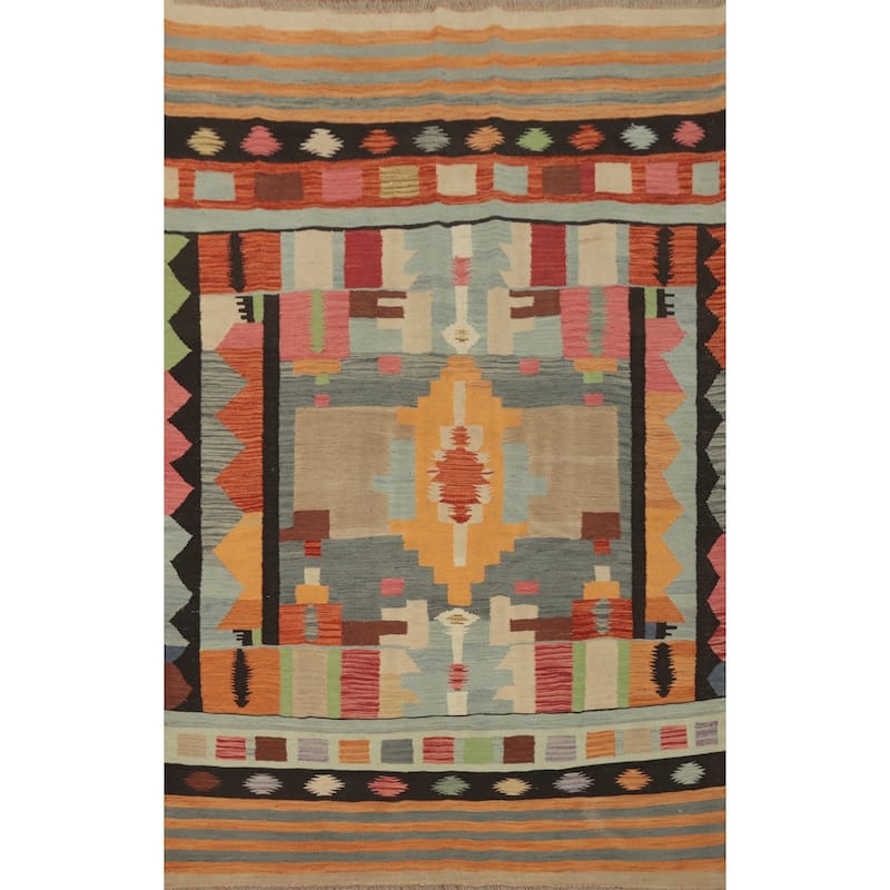 Hand Woven Oriental 100% Wool Carpet Southwestern Tribal Multi-Colored Kilim Area Rug - 7' 9'' X 5' 1''