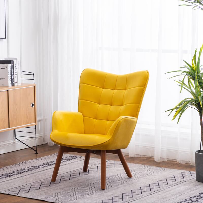 Yellow Modern 33" Polyester Button Tufted Accent Chair with Ottoman and Tapering Wood Dowel Legs