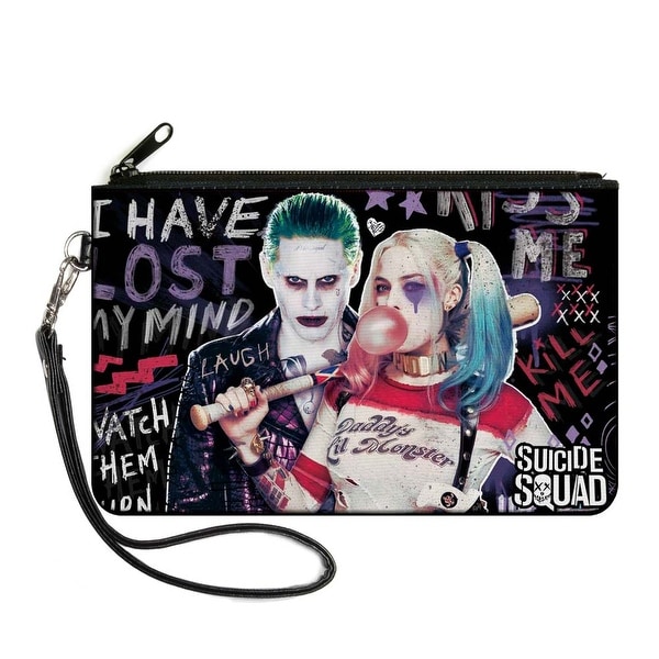 Suicide Squad Joker Harley Quinn Pose Quote Sketches Black Purples Reds Canvas Zipper Wallet