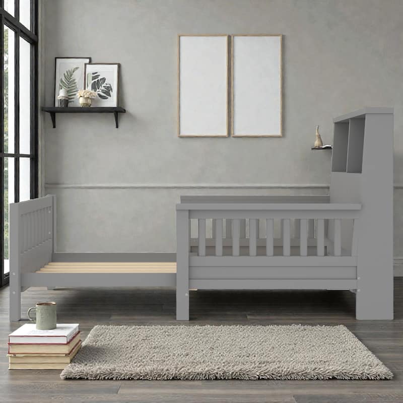 Twin Platform Bed with Storage Headboard, Safety Guardrails and Pull-Out Convertible Sofa/Playpen Design
