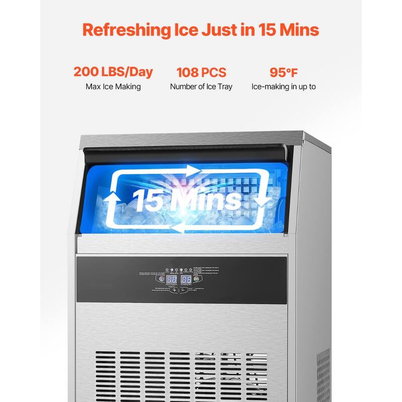 200LBS/Day Freestanding Ice Maker with 108 Ice Trays and 66LBS Storage Bin Digital Control Panel - 23.2 x 23 x 34.4 in