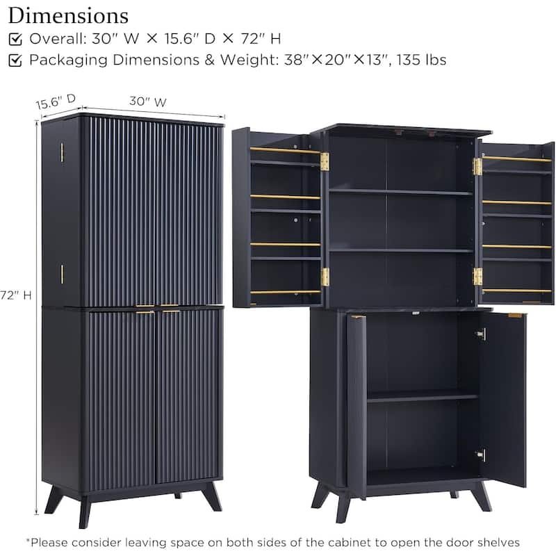 Fluted Pantry Storage Cabinet, Spacious Dual-Zone Wood Organizer