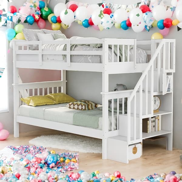 slide 2 of 38, Modrem Twin Over Twin Bunk Bed With Storage and Guard Rail For Bedroom,Kids White