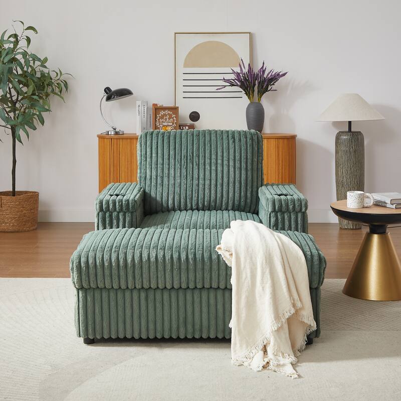 42.5-inch Corduroy single recliner with backrest pillow, cup holder design, storage footrest, comfortable sofa-deep-seated