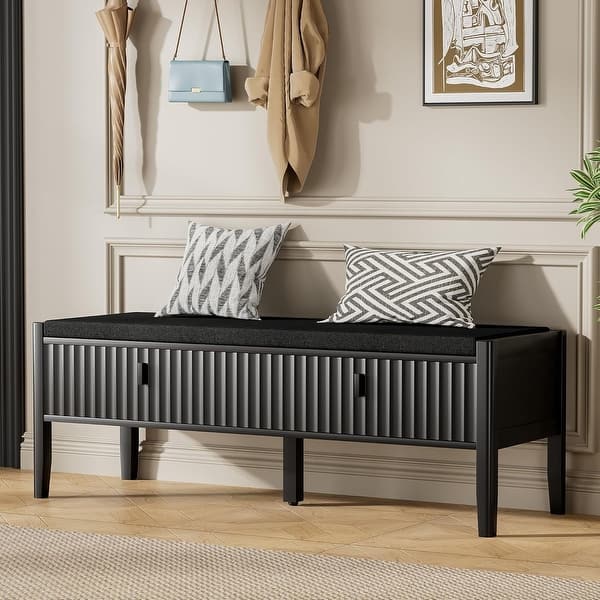 slide 2 of 14, Fluted Shoe Storage Bench with Drawers and Cushioned Seat, 47.2 Inch Entryway Bench for Bedroom Living Room Hallway Black