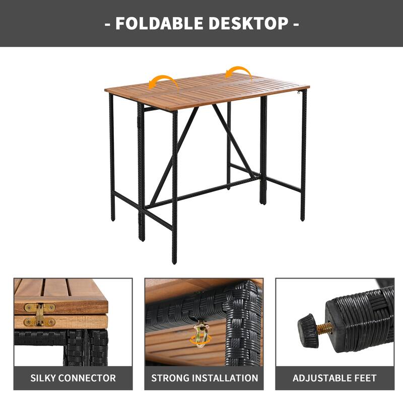 5-Piece Outdoor Acacia Wood Bar Height Table And Four Stools With Cushions