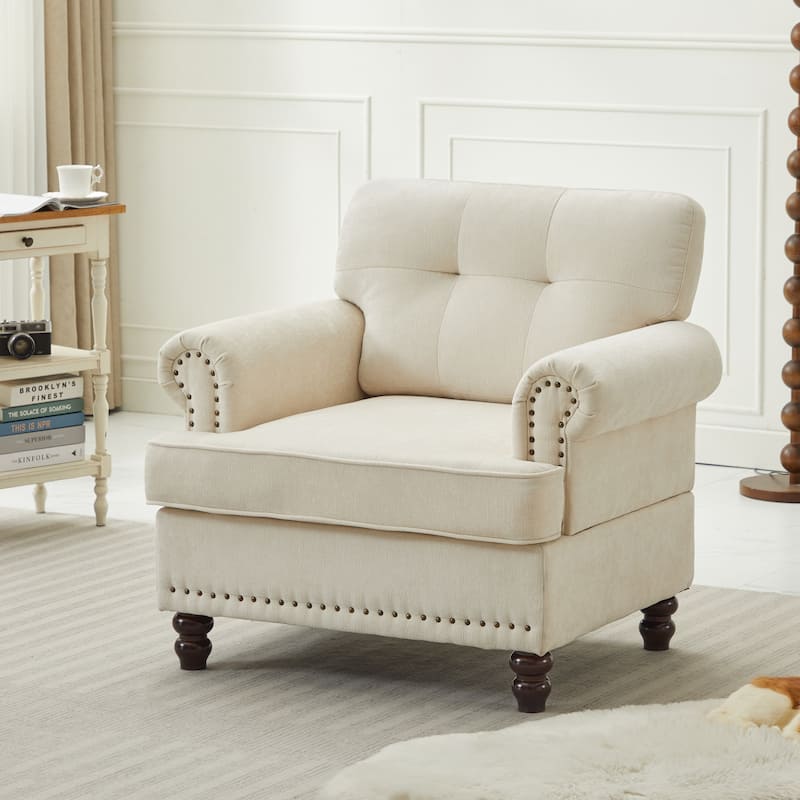 Set of 1 Piece,Chenille Tufted Armchair with Solid Rubberwood Legs for Livingroom - Off-White