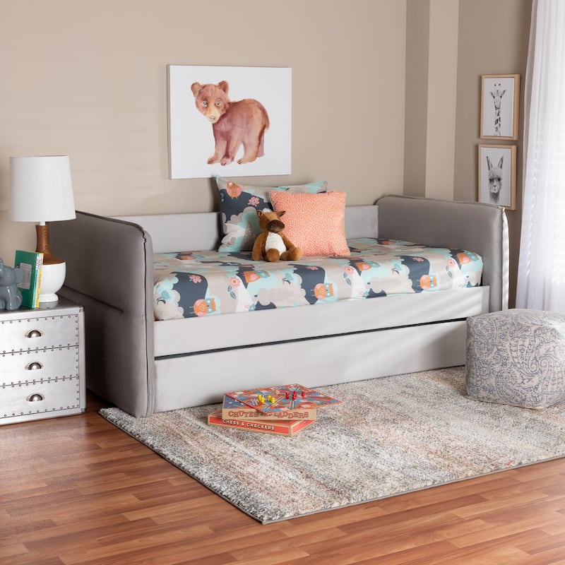 Finch Modern Light Grey Velvet Fabric Daybed with Trundle