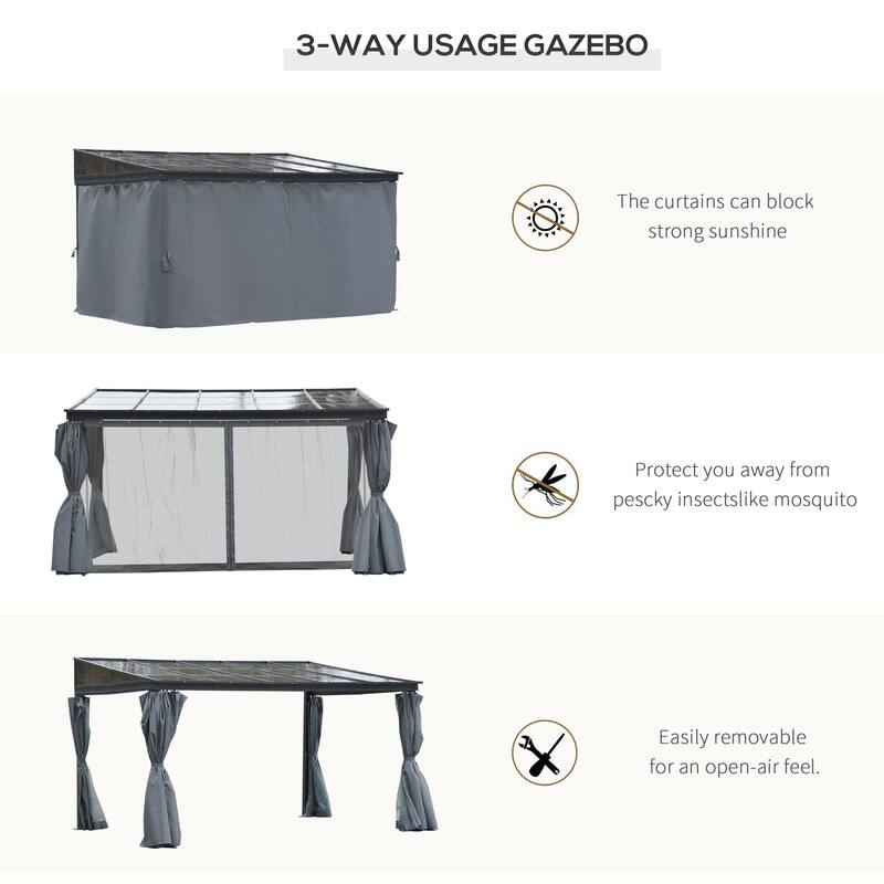 Outsunny 13' x 9.5' Outdoor Porch Patio Gazebo with Sloping Polycarbonate Roof, Durable Aluminum Frame, & Netted Curtain