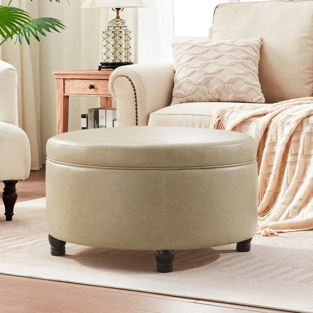 Faux Leather Round Storage Ottoman
