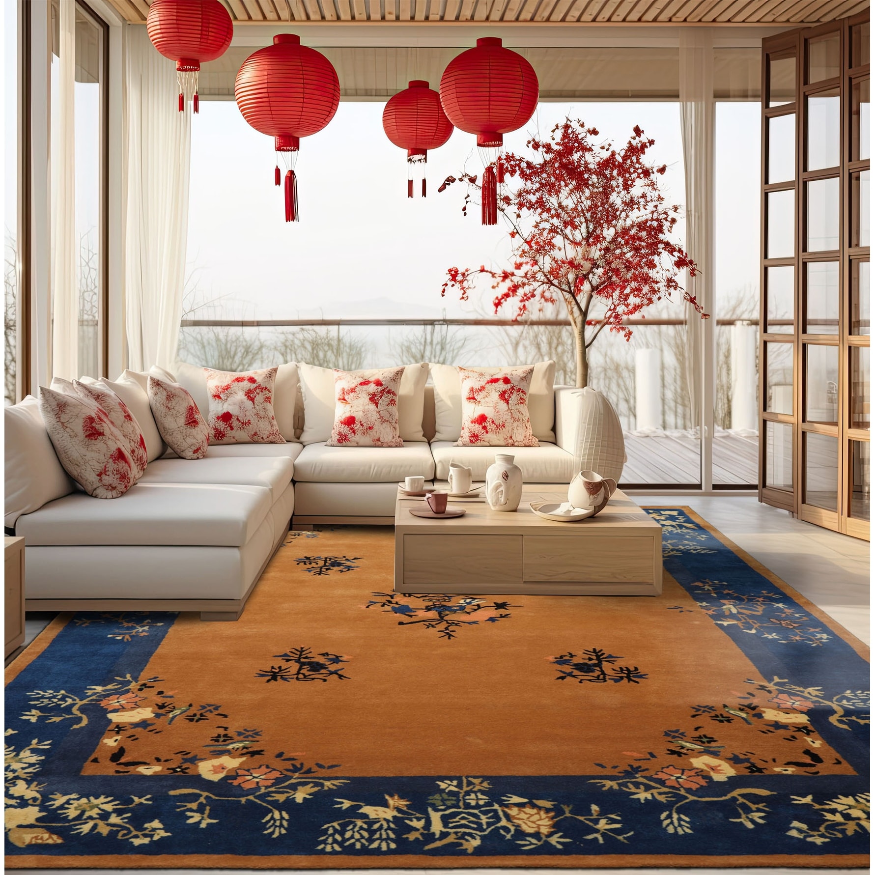 Camel Chinese Art Deco New Zealand Wool Hand Tufted Multi Size