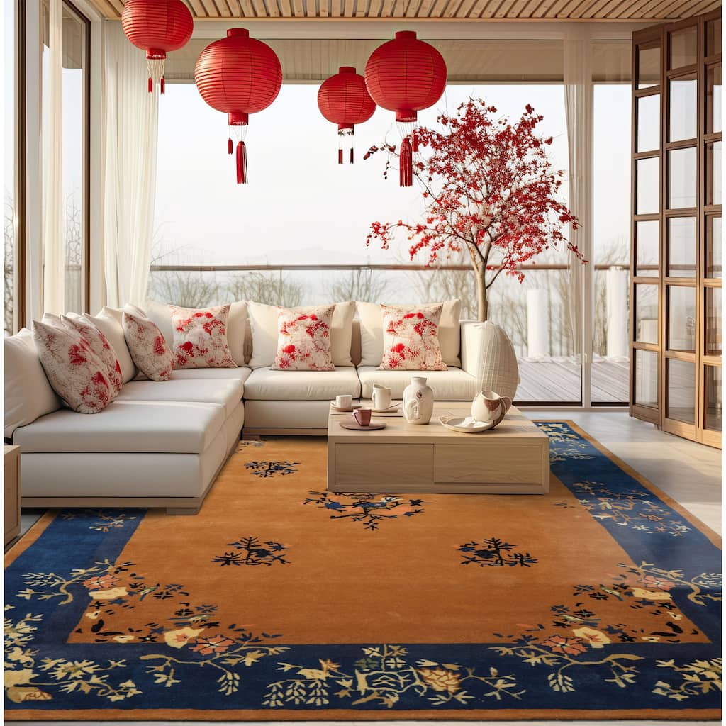 Camel Chinese Art Deco New Zealand Wool Hand Tufted Multi Size Oriental Area Rug LoomBloom