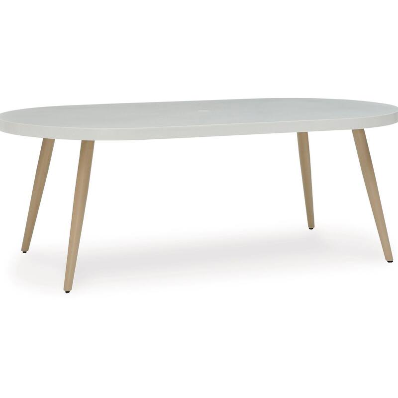 Yami Outdoor Dining Table, 80 Inch Oval Faux White Stone Top, Brown