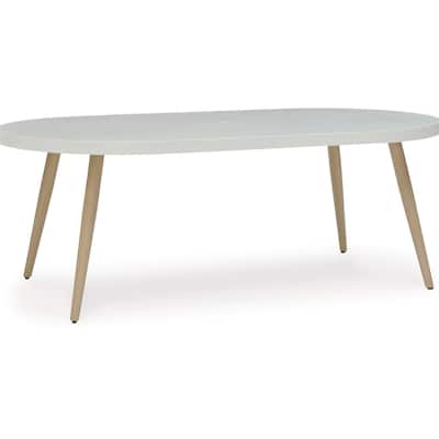 Yami Outdoor Dining Table, 80 Inch Oval Faux White Stone Top, Brown