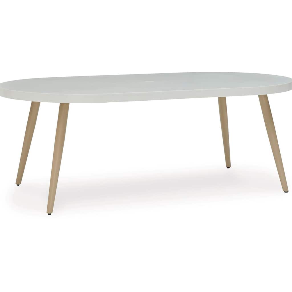 Yami Outdoor Dining Table, 80 Inch Oval Faux White Stone Top, Brown