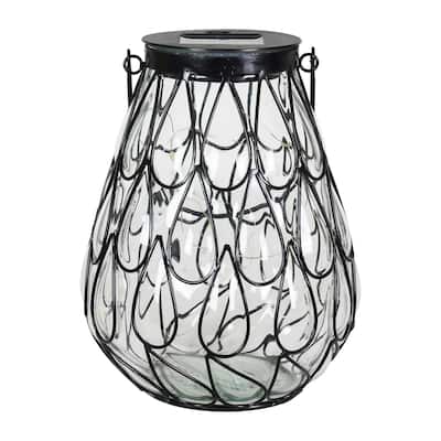 Exhart Solar Glass in Caged Metal Tabletop Accent Lantern with 25 Firefly LEDs, 7"x9"