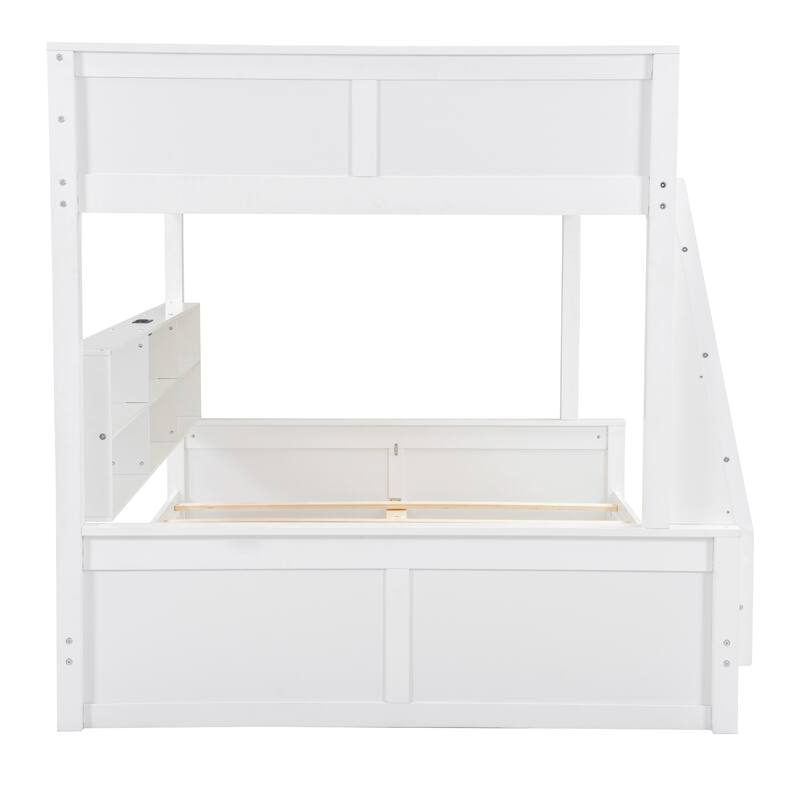 Wood Full XL over Queen Bunk Bed with Shelves, Storage Cabinets, USB Ports, Bunk Bed Frame w/Slats Support, No Box Spring Needed