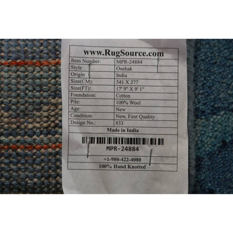 All-Over Blue Oushak Indian Large Rug Hand-Knotted Wool Carpet - 9'1" x 17'9"