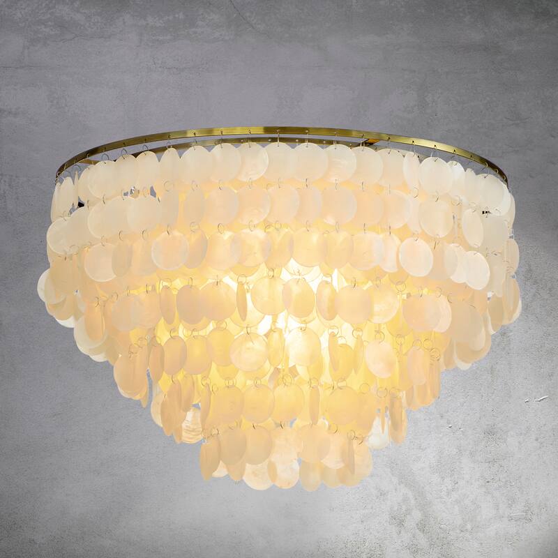 CraftHome 6-Light Coastal Natural Capiz Shell Tiered Flush Mount Ceiling Light With Antique Gold Metal for Living Room - 24'' - 24'' - Antiqued Gold
