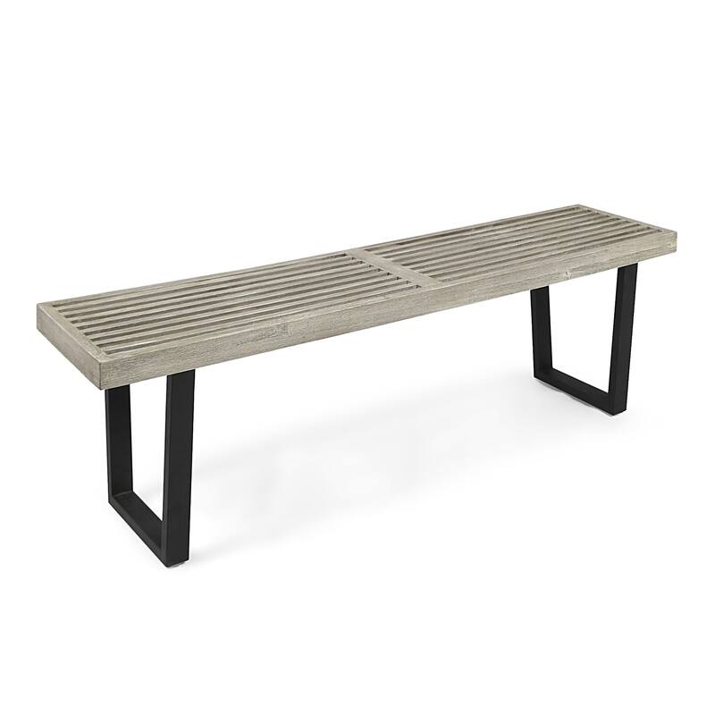 Roomfitters Modern Acacia Wood Patio Dining Bench with Iron Legs, Slat Top