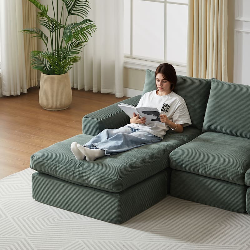 Roomfitters 99" L-Shaped Corduroy Upholstered Sectional Sofa, Modern 3-Seater Sectional Couch with Pillows, Living Room, Green