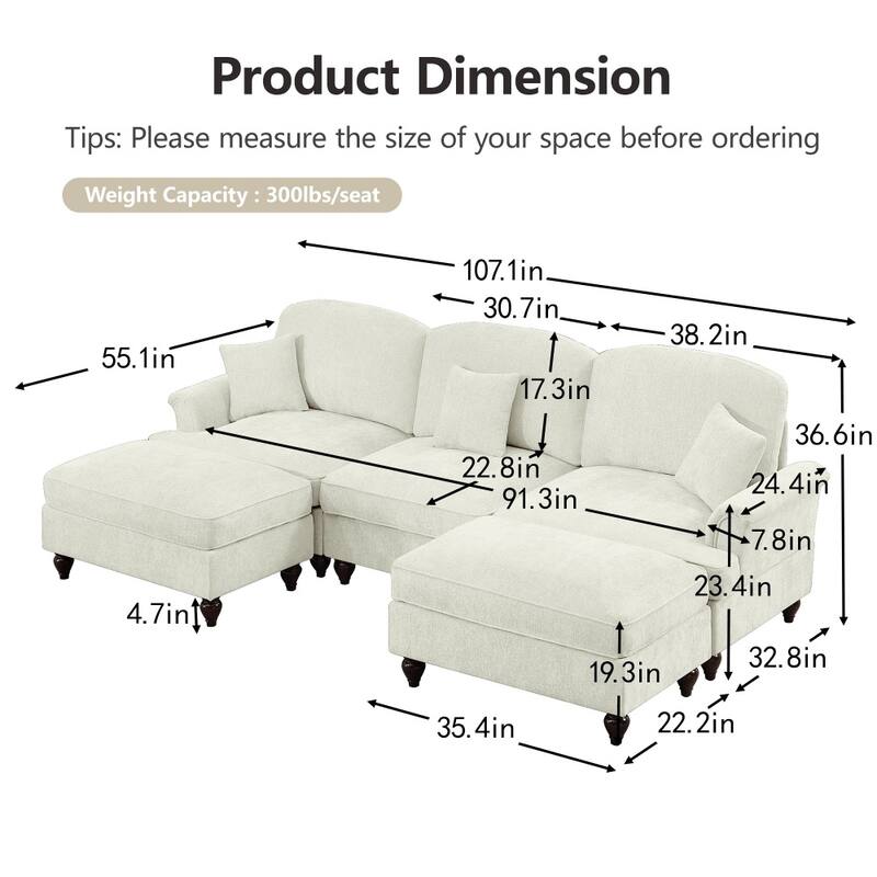 U-shaped Classic Modular Comfy Sectional Sofa with Ottomans & Ruffles Pleats Skirts