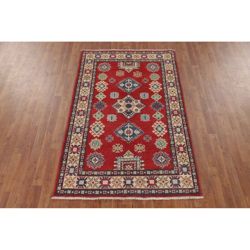 Red Geometric Kazak Oriental Accent Rug Hand-Knotted Wool Carpet - 3'11" x 6'3"
