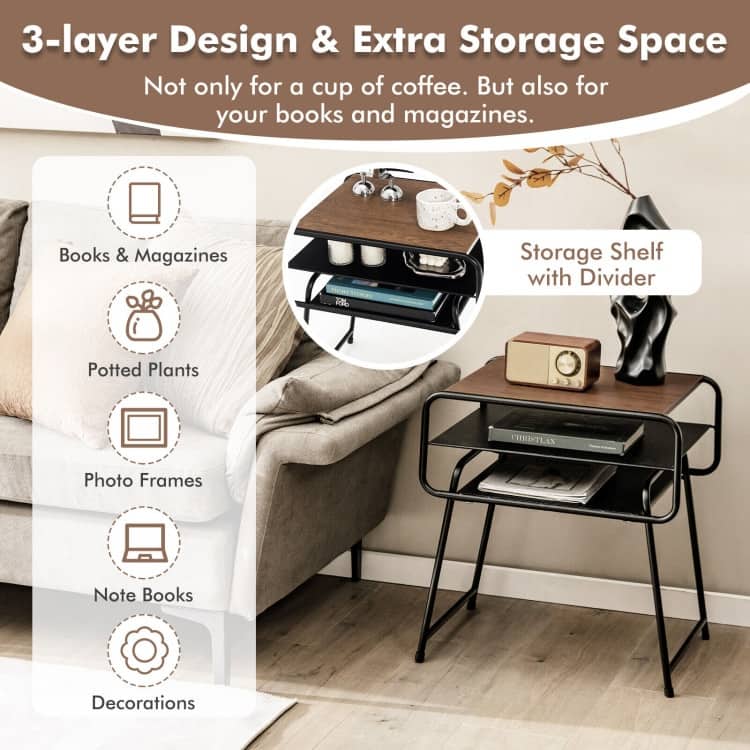 3-tier Compact Side End Table with Storage Shelf-Coffee - 20" x 16" x 22" (L x W x H)