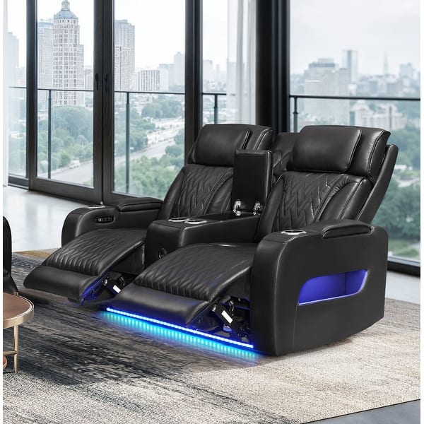 slide 2 of 18, Jazz 74"W Leather Aire Power Reclining Loveseat w/Power Headrest, Bluetooth Speakers, LED, USB Ports, Storage & Cupholders Black