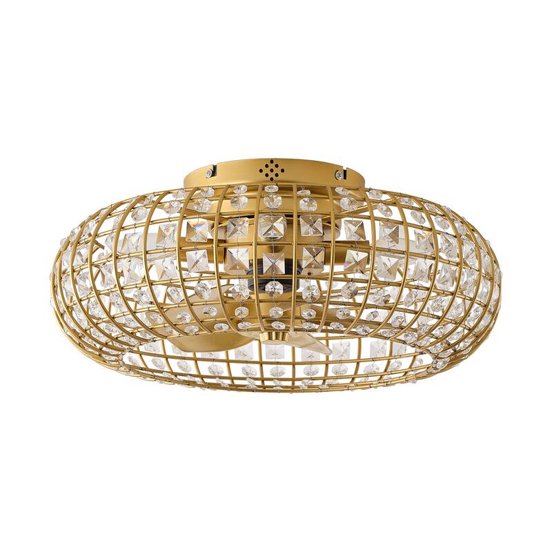 20" Modern Gold Caged 4-Light Crystal Low-Profile Flush Mount Ceiling Fan with Remote
