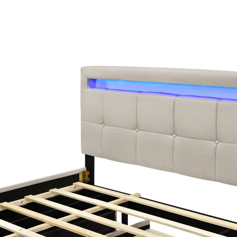 Queen Size Upholstered Platform Bed with LED Frame, with Twin XL Size Trundle and 2 drawers, Linen Fabric