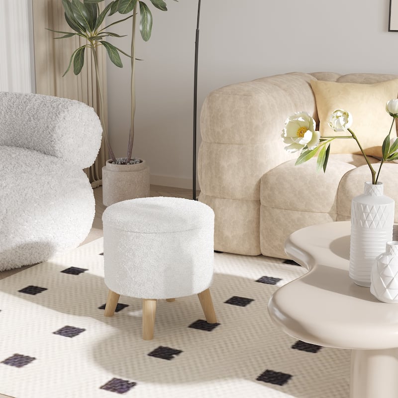 Linen Upholstered Storage Ottoman with Solid Wood Legs and Hidden Storage for Bedroom or Living Room