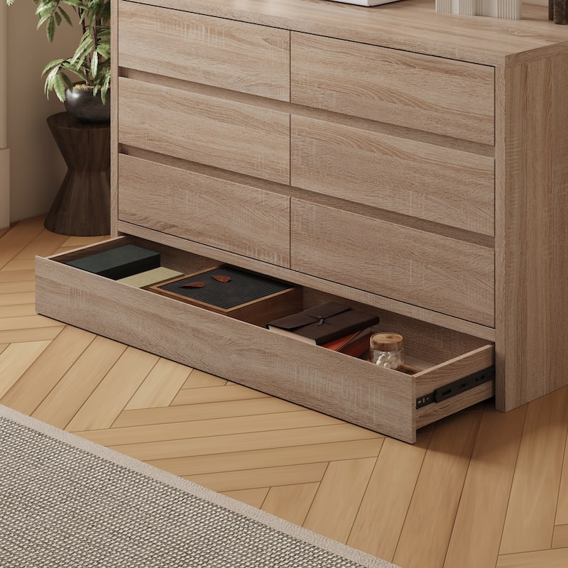 Wood Grain 7-Drawer Dresser with Hidden Compartments and Kick-to-Open Bottom Drawer
