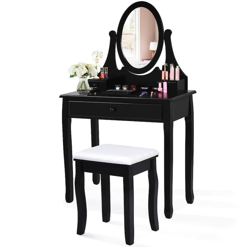 Gymax Bedroom Wooden Mirrored Makeup Vanity Set w/Stool Black
